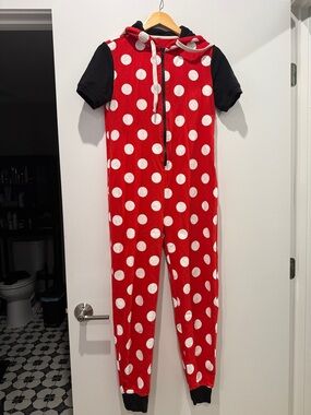 Disney Minnie Mouse Red and White Polka Dot Hooded Adult Onesie